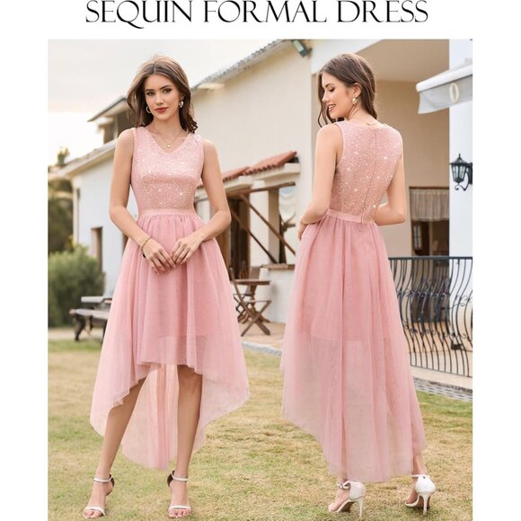 BeryLove Women Tulle Sequin Blush Chiffon Scoop Neck Sleeveless Cocktail Dresses - Picture 2 of 7